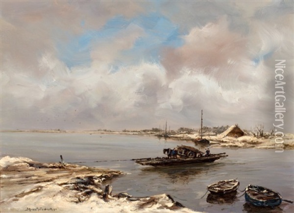 Winters Rivierlandschap Met Overzetveer Oil Painting - Johan Hendrik van Mastenbroek