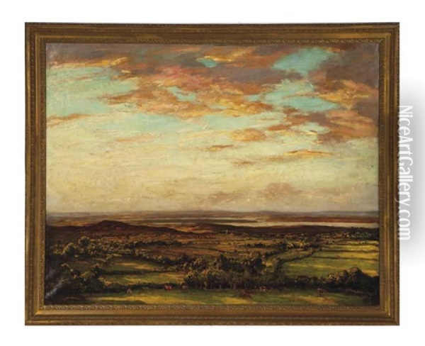 A Panoramic Landscape With Cows In The Foreground Oil Painting - Walter Westley (Sir) Russell