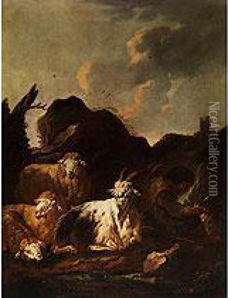 Hirte Mit Schafen Und Einem Ziegenbock In Felsiger Landschaft Oil Painting - Domenico Brandi