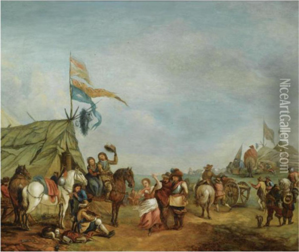 A Military Encampment, With 
Soldiers And Women Dancing And Making Music Before A Sutler's Tent Oil Painting - Pieter Wouwermans or Wouwerman