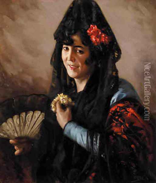 An Elegant Lady Wearing a Mantilla Oil Painting - Cecillio Pla Y Gallardo