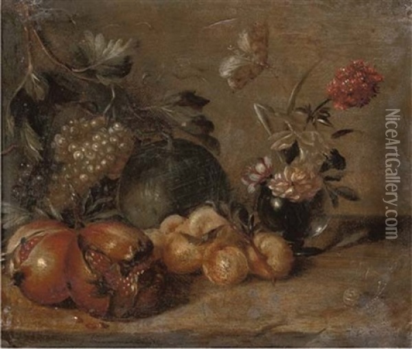 Pomegranates, Grapes, Peaches And A Melon, With Peonies In A Glass Vase On A Stone Ledge, With A Butterfly And A Snail Oil Painting - Abraham Brueghel