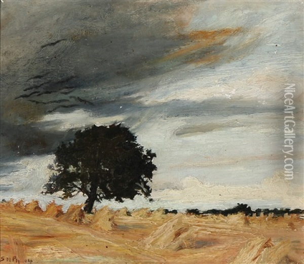 Dark Clouds Over A Harvest Landscape With An Old Oak Tree Oil Painting - Sally Nikolai Philipsen