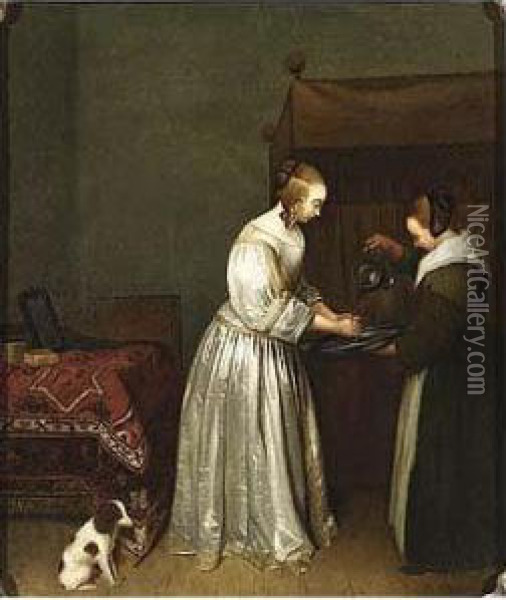 A Lady Washing Her Hands In An Interior Oil Painting - Gerard Terborch