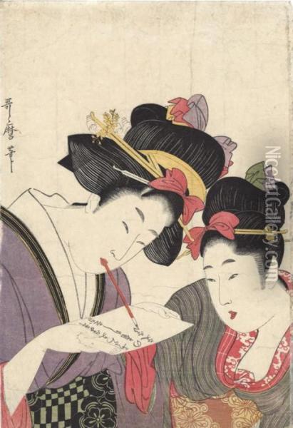A Girl Looks On While Her 
Companion Pens A Letter, Signed Utamarohitsu, Good Impression And 
Colour, Slight Soiling And Creasing,backed Oil Painting - Kitagawa Utamaro