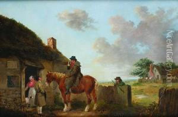 Traveler On Horseback Outside Of An Inn Oil Painting - George Morland