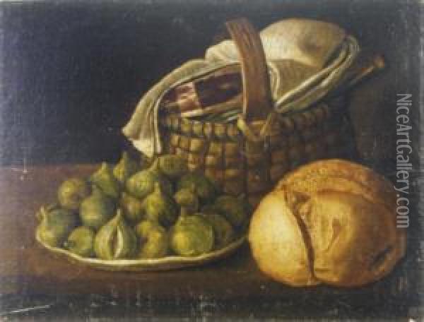 Still Life With Plate Of Figs, Bread And Basket With Ham Oil Painting - Luis Eugenio Melendez