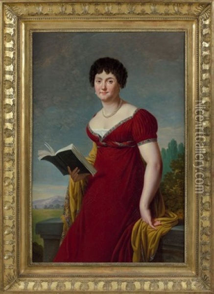 Portrait Presume De La Comtesse De Mercey En Robe Rouge Dans Un Paysage Oil Painting - Robert Jacques Francois Faust Lefevre
