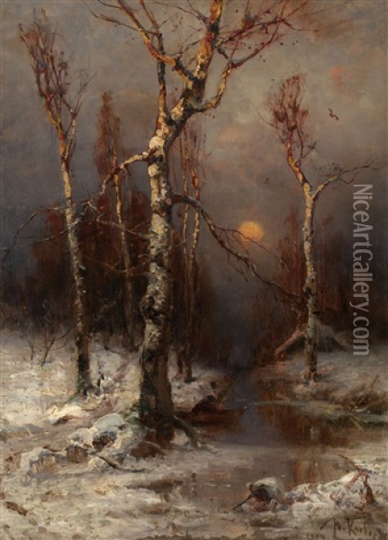 Sunset In A Winter Forest Oil Painting - Yuliy Yulevich (Julius) Klever