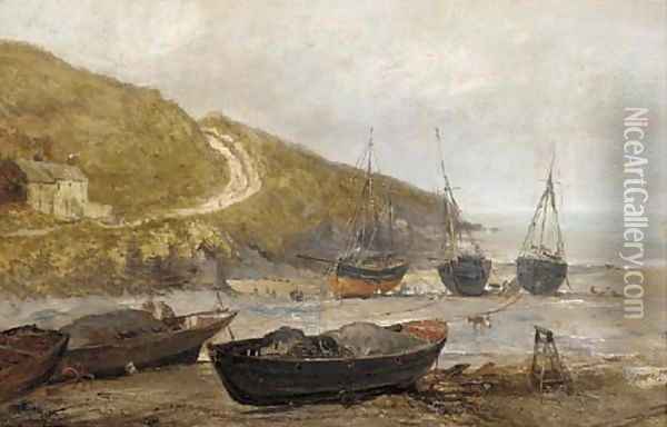 Ships on the shore at low tide, Sark Oil Painting - John Holland