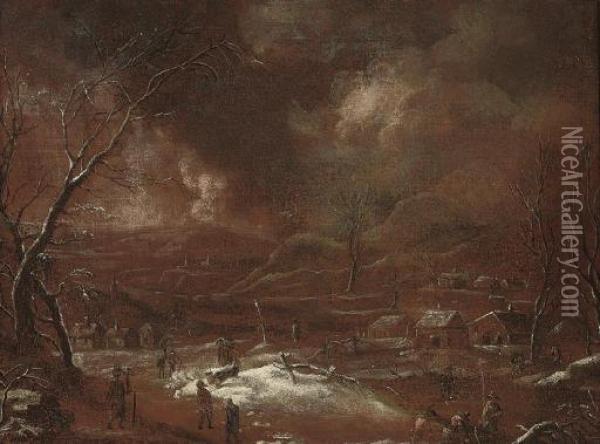 A Wooded Winter Landscape With Figures On A Track And Men Fishing On A Frozen Lake Oil Painting - Johann Christian Vollerdt or Vollaert