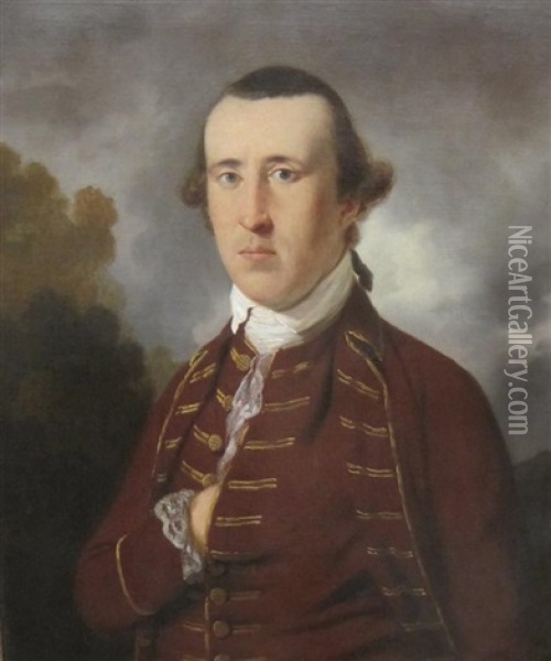 Portrait Of A Gentleman (warren Hastings?), Wearing A Brocaded Coat, A Landscape Beyond Oil Painting - Tilly Kettle