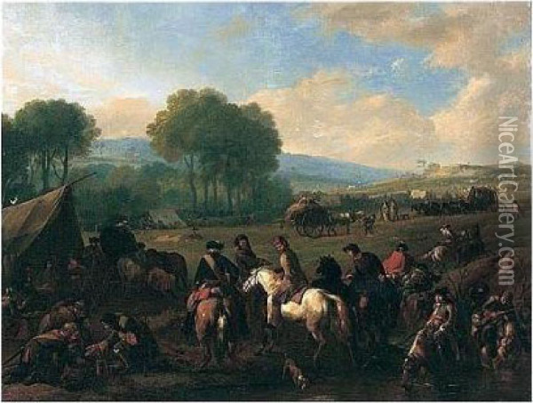 A Military Encampment In An Open Landscape With Cavaliers Conversing By A Pool Oil Painting - Jan von Huchtenburgh
