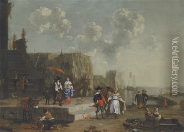 A Capriccio Of A Mediterranean Harbour With Elegant Travellers, A Moor And An Oriental Merchants, And Other Figures Oil Painting - Johannes van der Bent