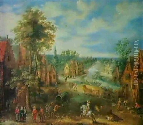 Dorf An Einem Fluss. Oil Painting - Peter Gysels