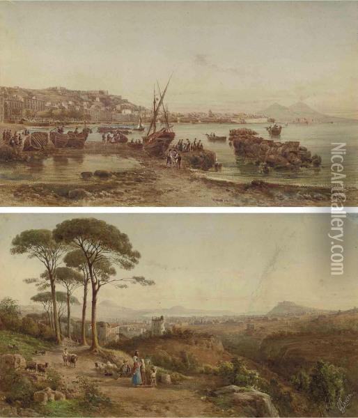 Neapolitan Fisherfolk On The Shore Before Vesuvius Oil Painting - Giovanni Giordano Lanza