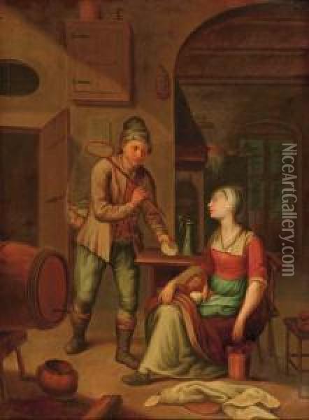 A Fisherman Presenting A Shell To A Maid Oil Painting - Heroman Van Der Mijn