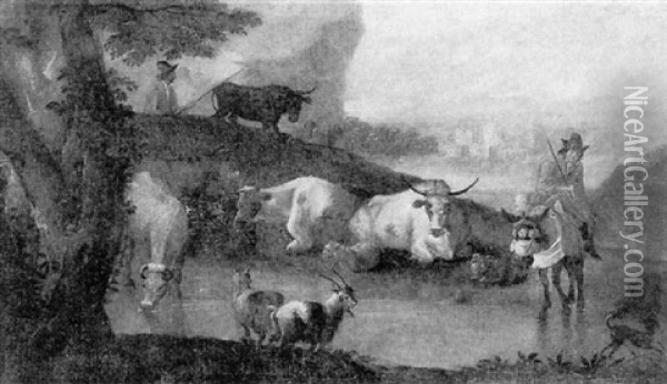 An Italianate River Landscape With Cowherds Watering Their Livestock Oil Painting - Johann Heinrich Roos