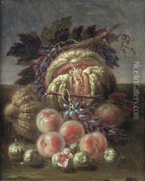 Apples, Grapes And Pears Before A Wicker Basket; Quinces, Pears And Grapes In A Landscape; Peaches, Figs, Grapes And Melons; And Cherries, Peaches, Grapes And Other Fruit In A Landscape (4 Works) Oil Painting - Bartolomeo Castelli the Younger