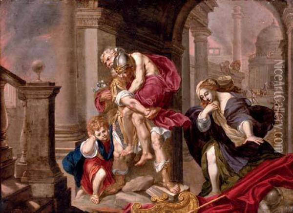 Aeneas Carrying His Father Anchises From The Burning Troy With Ascanius And Creusa Oil Painting - Willem van Mieris