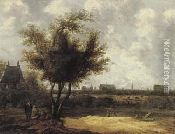 A Wooded Landscape With Figures In The Foreground And The City Of Leiden In The Distance Oil Painting - Anthony Jansz van der Croos