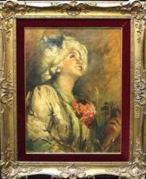 Portrait Of A Lady With Pink Flowers Oil Painting - Antonio Mancini