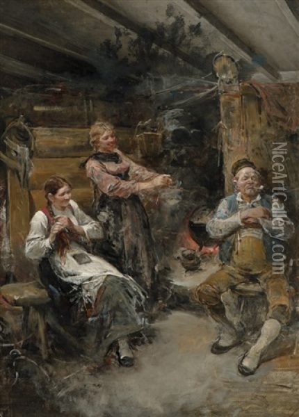 Interior With People Oil Painting - Nils Nilsen Bergslien