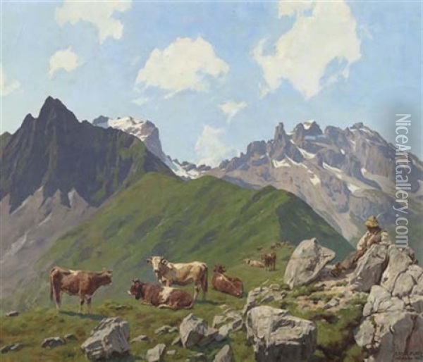 Berglandschaft Mit Kuhen Oil Painting - Ernst Heinrich Platz