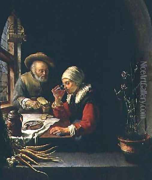 An Elderly Couple Eating Oil Painting - Frans van Mieris