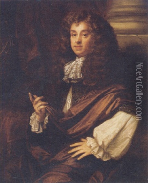 Portrait Of A Gentleman (william, Second Viscount Brouncker?) In A White Shirt With Brown Robes, Pointing To An Astrolabe Oil Painting - John Riley