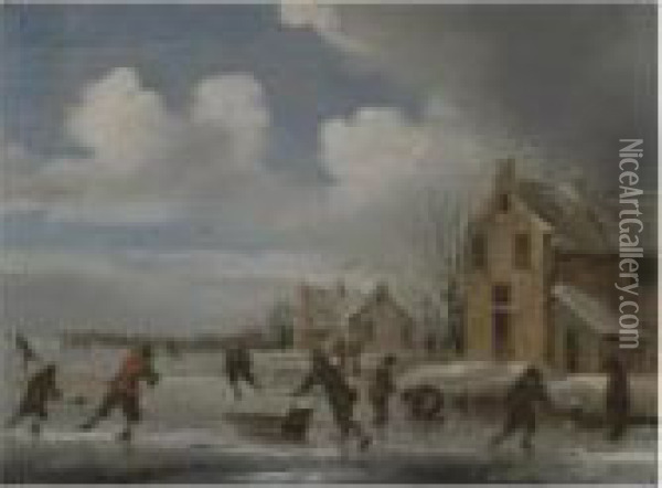 A Winter Landscape With Skaters On A Frozen Lake Oil Painting - Claes Molenaar (see Molenaer)