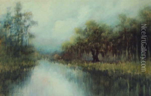 Classical Louisiana Oak And Cypress Bayou Landscape Oil Painting - Alexander John Drysdale