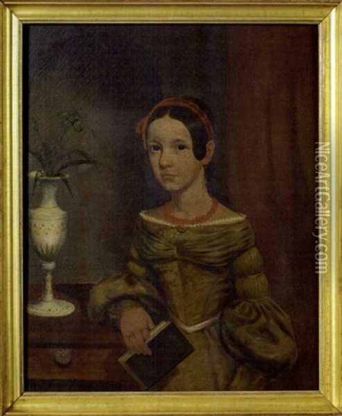 New England Portrait Of Girl With Coral Beaded Necklace Seated Beside One-drawer Stand With Porcelain Vase With Flower Oil Painting - Thomas Hewes Hinckley