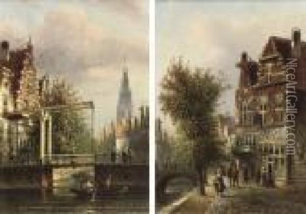 Rowing At A Bridge On A Dutch Canal; And Figures Before A Bridge On A Dutch Canal Oil Painting - Johannes Franciscus Spohler
