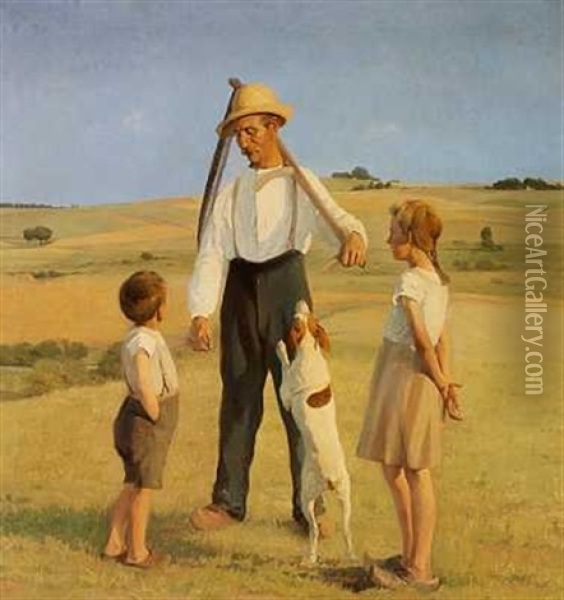 Fattig Arbejderfamilie Paa Landet. Efter Endt Dagvaerk Oil Painting - Carl Vilhelm Meyer