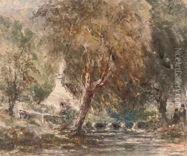 Figures on the banks of a river in a wooded landscape Oil Painting - David Cox