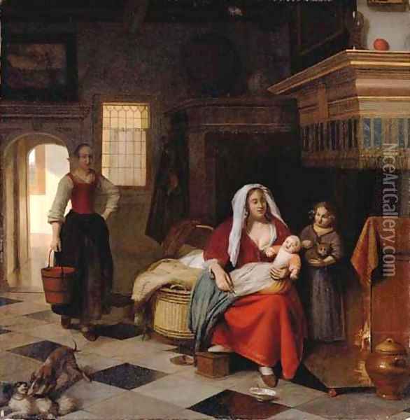 A mother and baby in an interior with a young girl and a maid Oil Painting - Pieter De Hooch