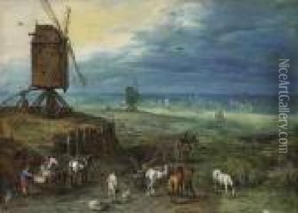 An Extensive Landscape With Figures Unloading Carts Beside Awindmill On A Knoll Oil Painting - Jan Brueghel the Younger