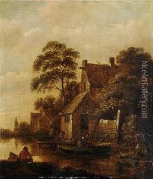 At A Dutch Canal. Oil Painting - Claes Molenaar (see Molenaer)