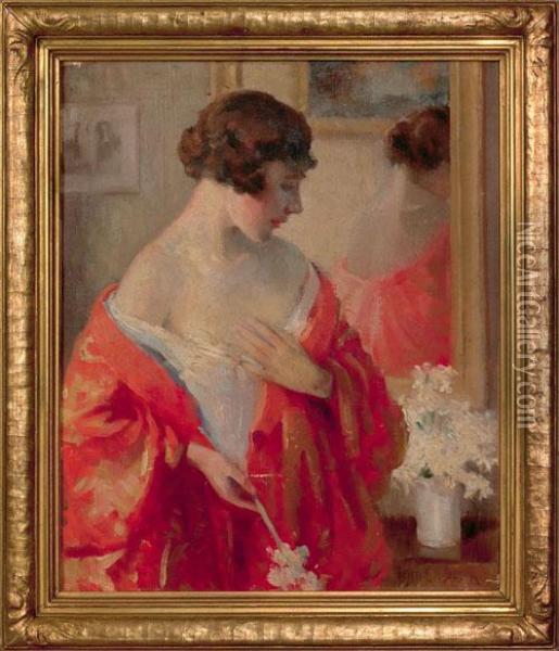 Board Portrait Of A Woman Wearing A Kimono Oil Painting - Frank H. Desch