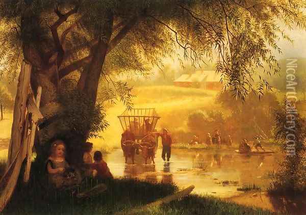 Crossing the Stream 1864 Oil Painting - John George Brown