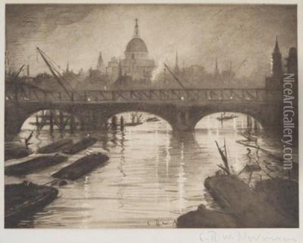 St. Paul's From The Thames Oil Painting - Christopher R. Wynne Nevinson