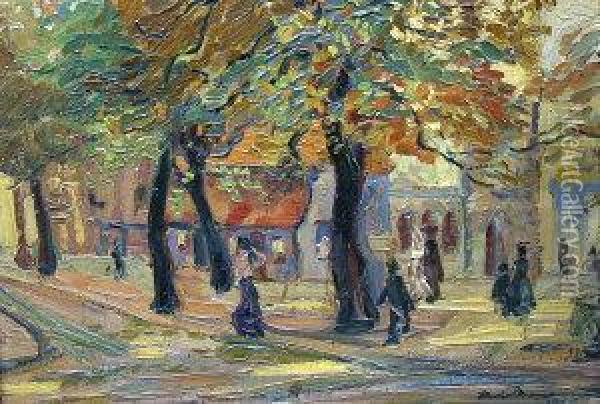 Figures In A Churchyard Withwoodland Oil Painting - Karl Dannemann