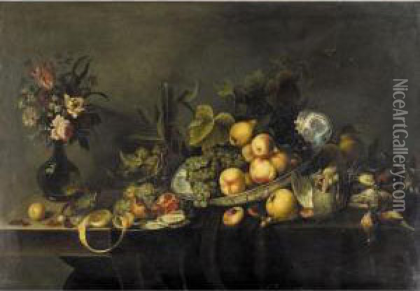 Still Life Of Peaches And Grapes
 In A Porcelain Dish, A Partly Peeled Lemon, An Open Pomegranate And 
Loose Cherries, Along With Dead Game, Oysters And Hazelnuts, All 
Arranged On A Partly Draped Stone Table Oil Painting - Michiel Simons