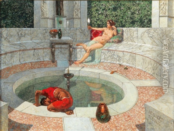 By The Fountain Oil Painting - Alexander Rothaug