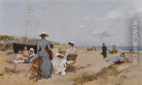 Painting On The Beach Oil Painting - Francisco Miralles y Galup