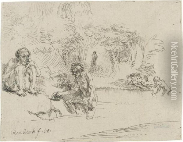 The Bathers (b., Holl.195; H.250; Bb.51-b) Oil Painting - Rembrandt Van Rijn