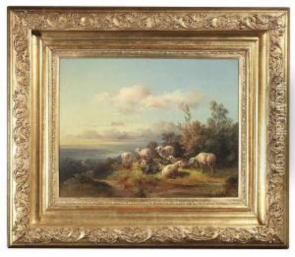 Von . Flock Of Sheep On A Bank, In The Background An Extensive River Landscape. Oil/canvas, Signed And Dated 