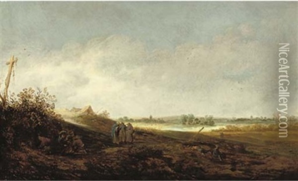 A Dune Landscape With Figures Conversing On A Path And Peasants Resting In The Foreground Oil Painting - Cornelis Simonsz van der Schalcke