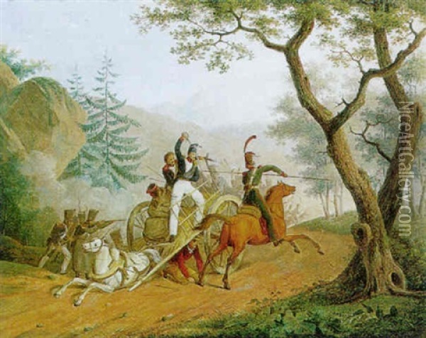 Russische Kosaken Uberfallen Einen Franzosischen Tros, Eine Szene Aus Den Napoleonischen Kriegen Oil Painting - Emmanuel Fries